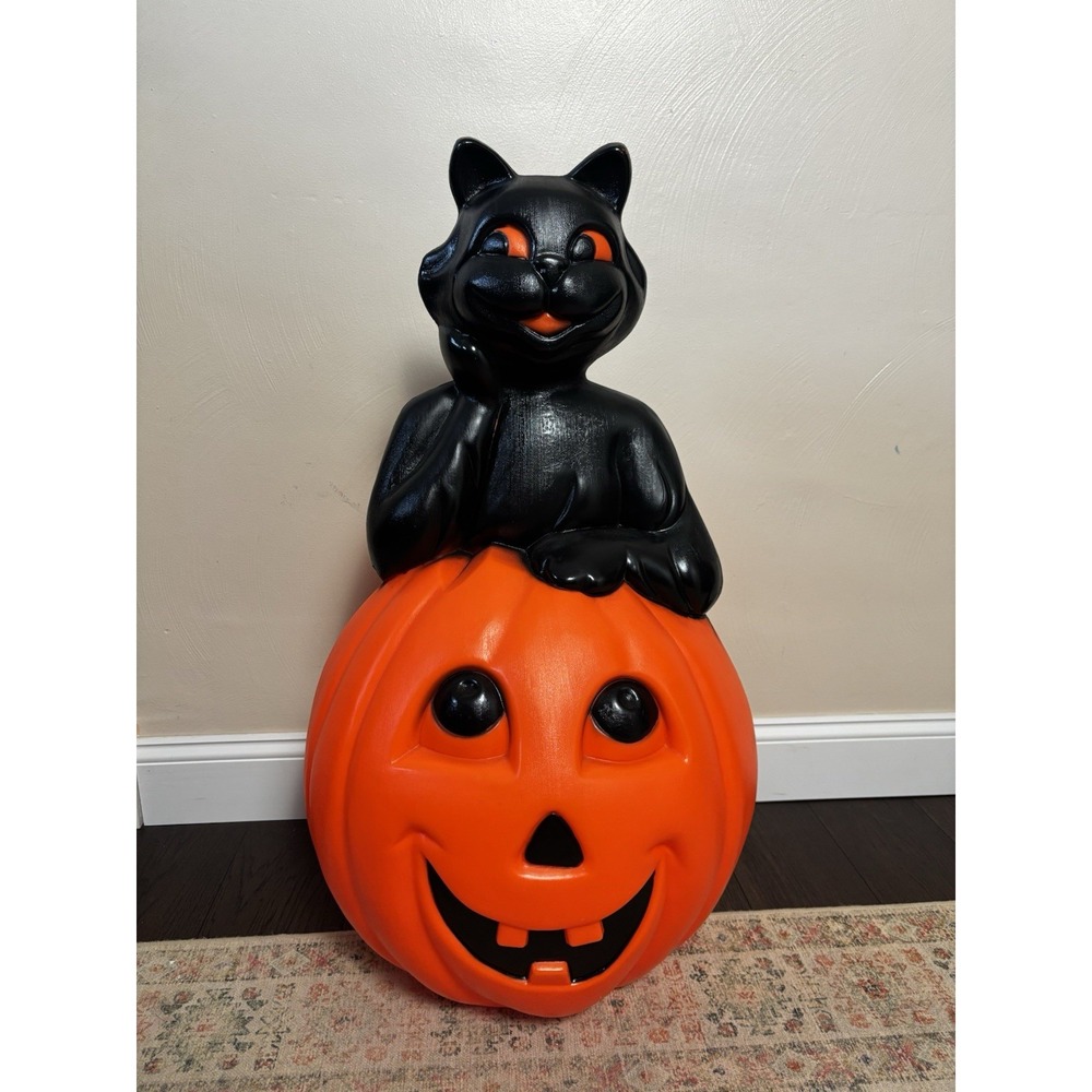 Vintage Light Up Blow Mold Halloween Pumpkin Black Cat 1993 Plastic Carolina Ent